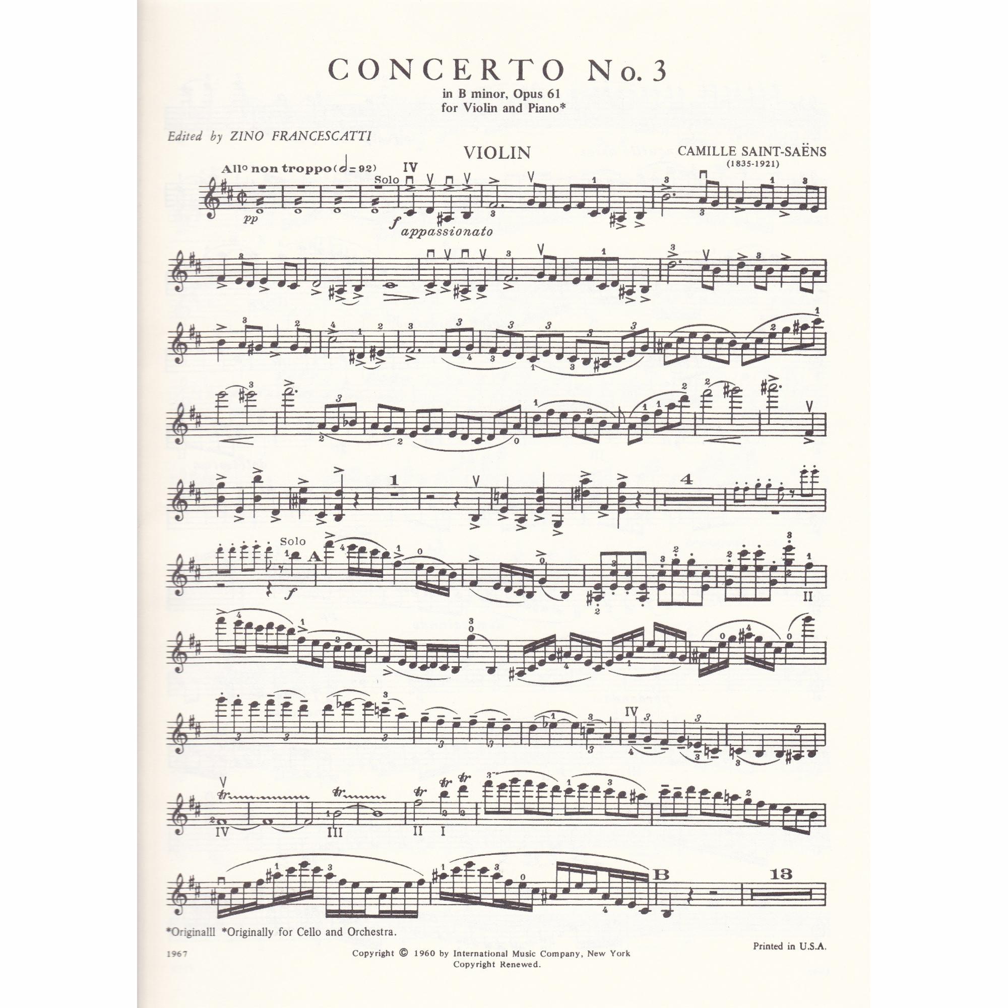 Saint-Saens -- Concerto No. 3 in B Minor, Op. 61 for Violin and Piano