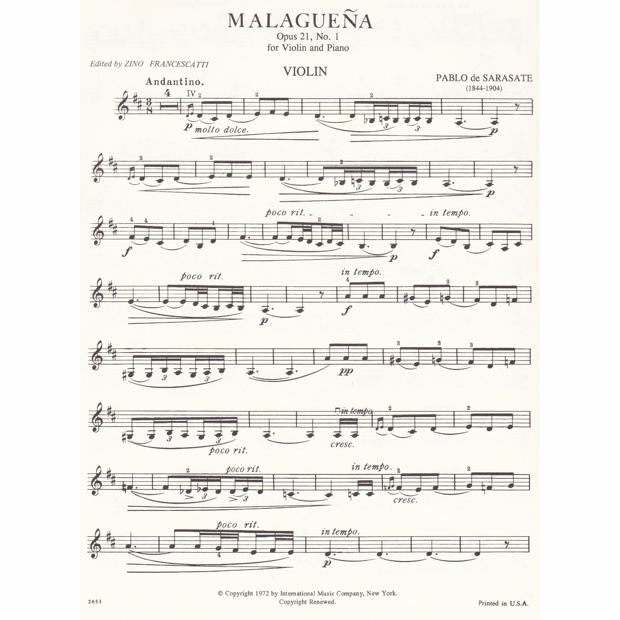 Malaguena for Violin and Piano, Op. 21, No. 1