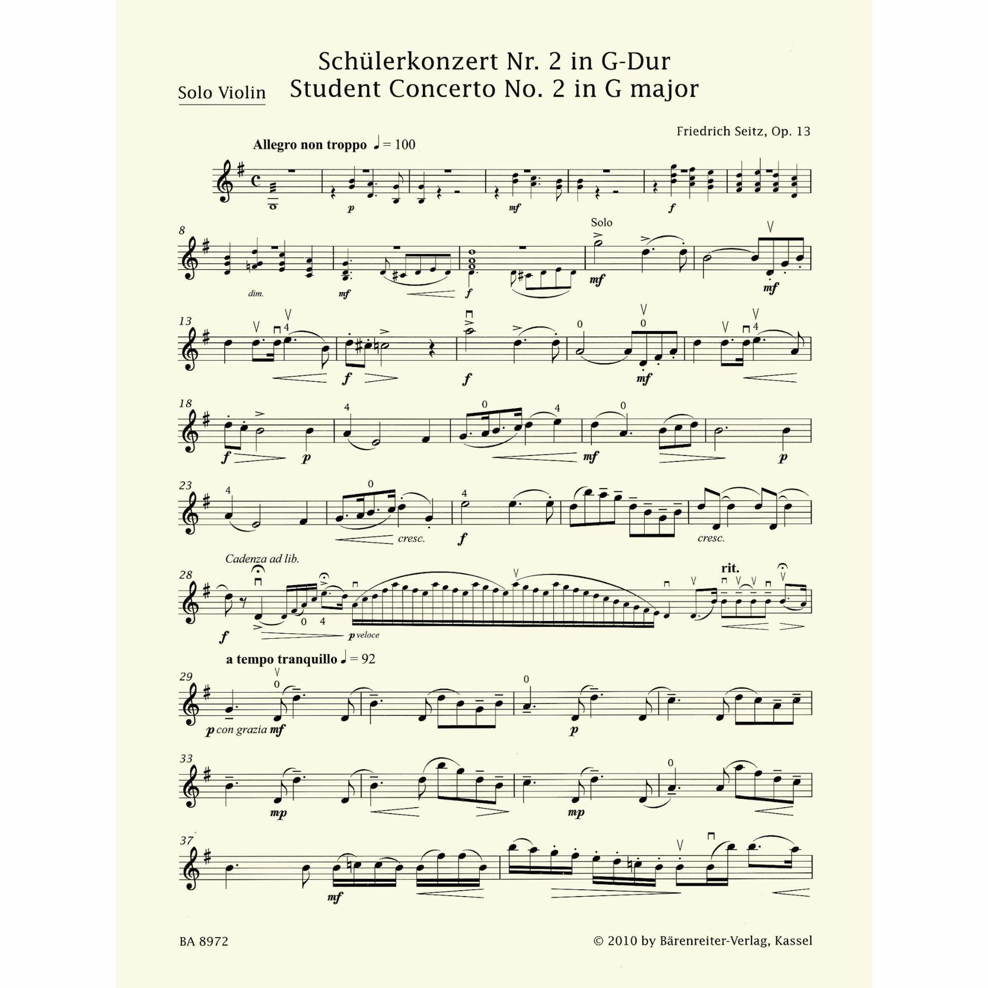 Student's Violin Concerto No. 2 in G Major, Op. 13